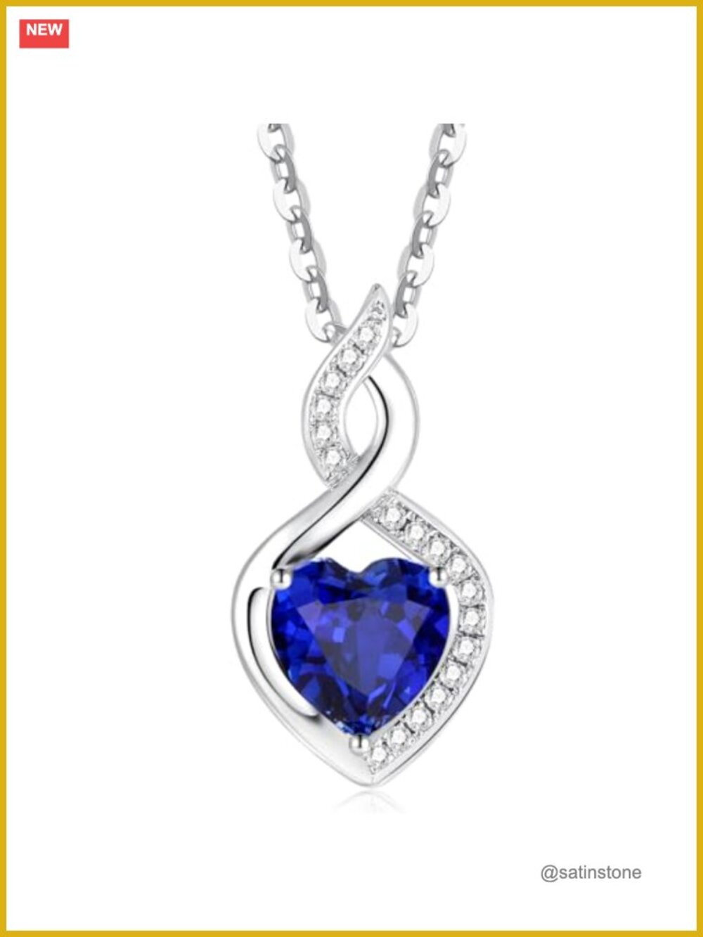 14K Solid White Gold Heart Pendant Necklace with Created Sapphire & Diamond